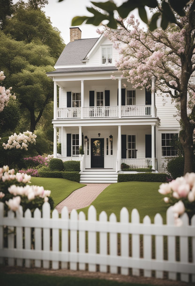 Discover mid-term vacation rentals in Waco: A charming two-story house with a white picket fence, nestled amidst blooming magnolia trees and a manicured garden. Relax on the welcoming front porch with rocking chairs and a swing.