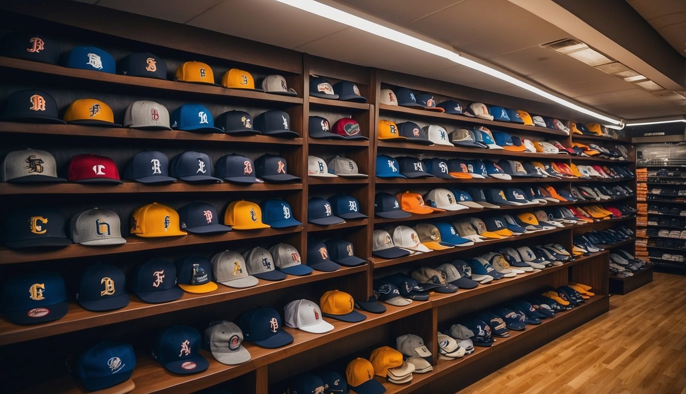 A display of top baseball brands' accessories and apparel, including gloves, bats, hats, and jerseys, arranged on shelves and racks in a well-lit sports store