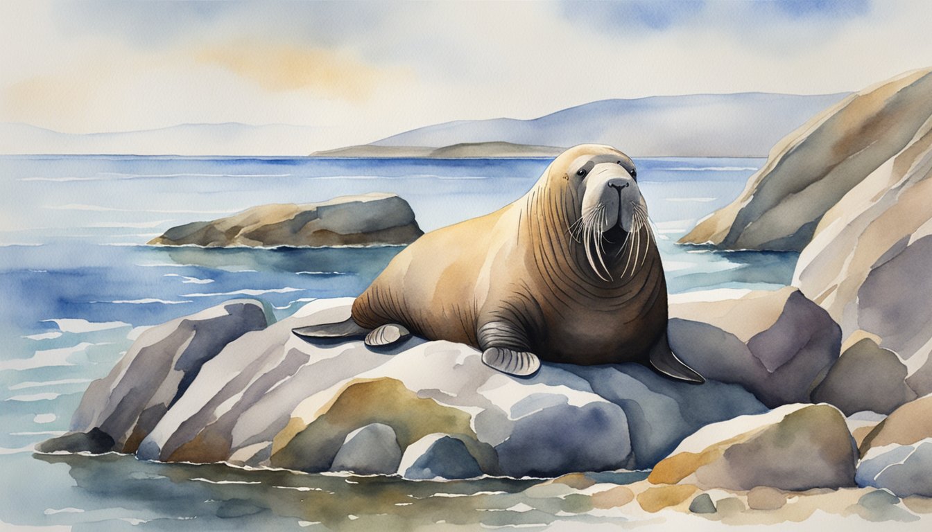 A walrus lounges on a rocky shore, basking in the sun.</p><p>The water glistens in the background as the walrus rests with its flippers outstretched