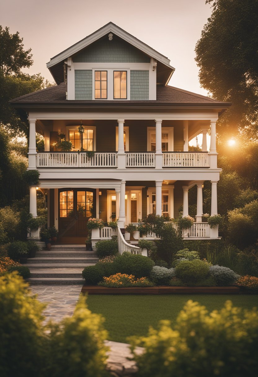 A cozy, two-story house with a wrap-around porch and a lush garden. The sun is setting, casting a warm glow on the exterior