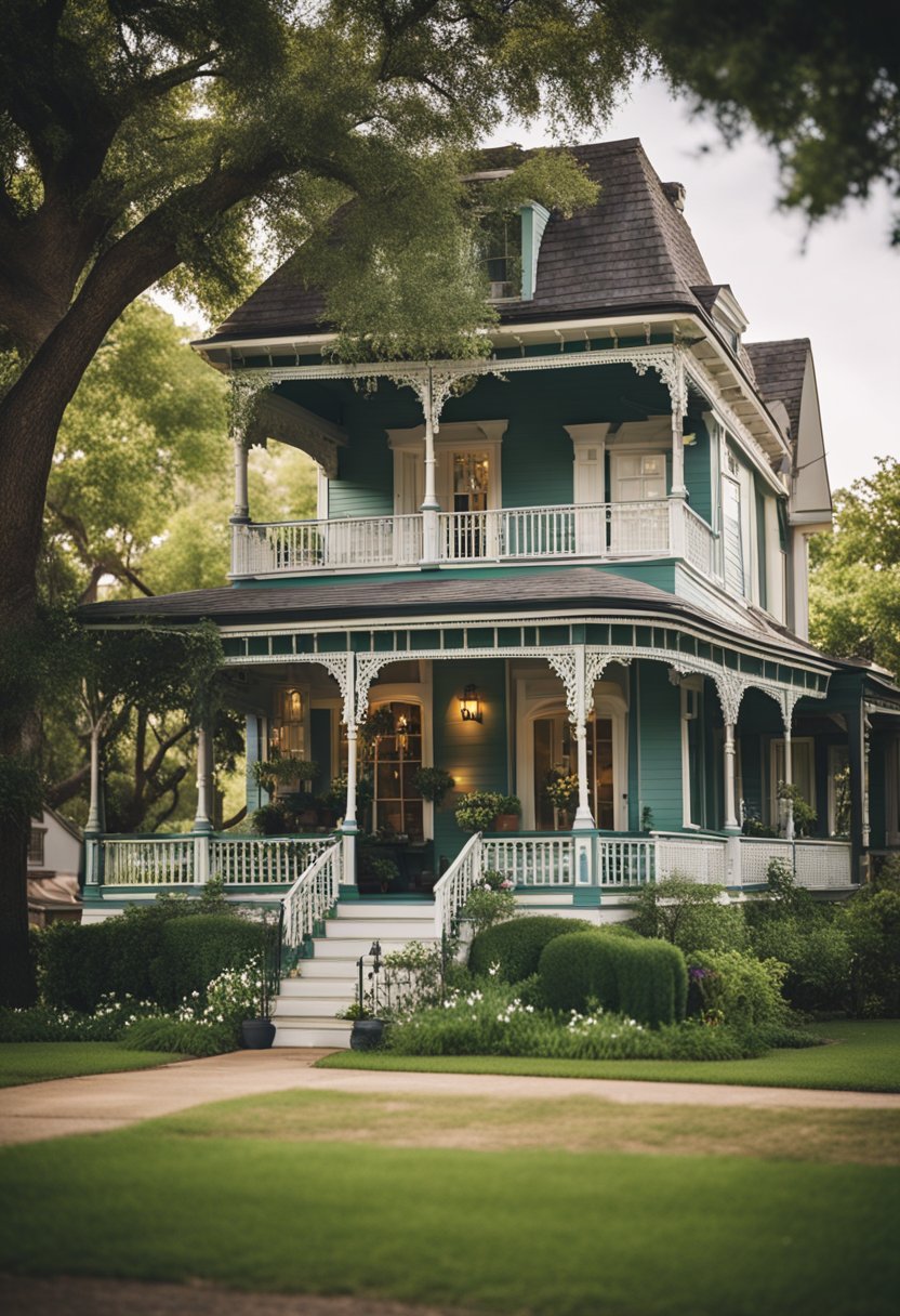 A charming Victorian vacation rental in Waco, with a welcoming front porch and lush garden, surrounded by historic architecture