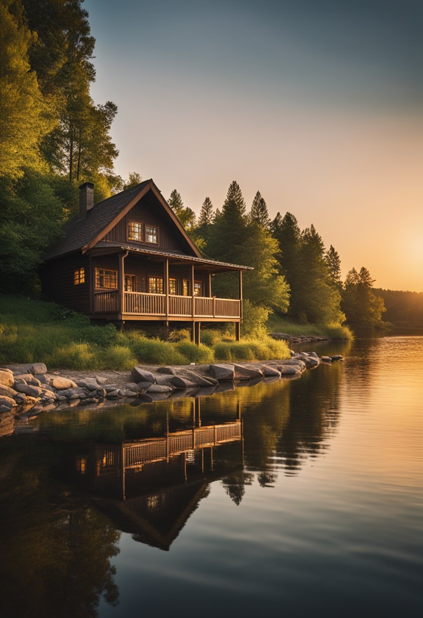 A cozy cabin sits on the riverfront, surrounded by lush greenery and a peaceful waterway. The sun sets in the distance, casting a warm glow over the tranquil scene