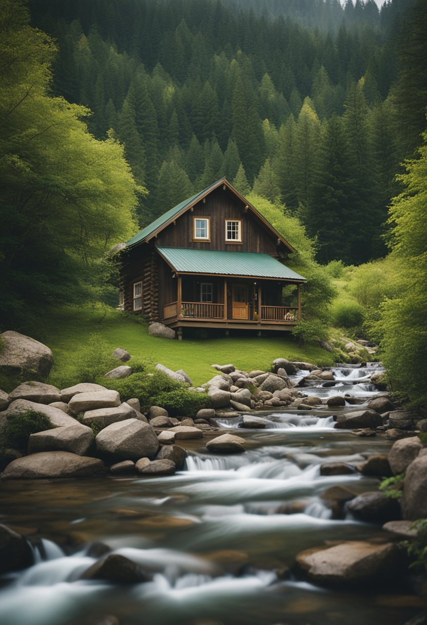A cozy cabin nestled among rolling hills, surrounded by lush greenery and a tranquil stream flowing nearby