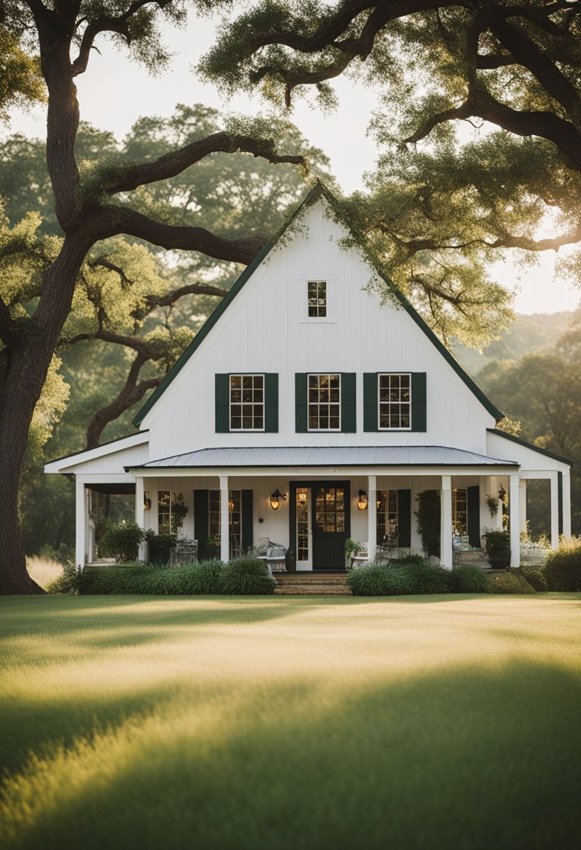 A cozy farmhouse nestled in the rolling hills of Waco, surrounded by lush greenery and a peaceful atmosphere