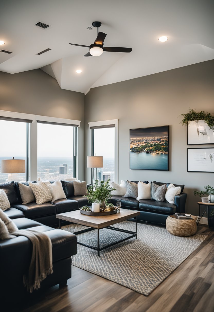 A cozy vacation rental in Waco, with a spacious living room, modern kitchen, and a view of the city skyline from the balcony
