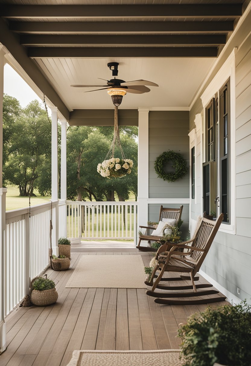 A cozy vacation rental in Waco, Texas, with a front porch swing and a view of the serene countryside