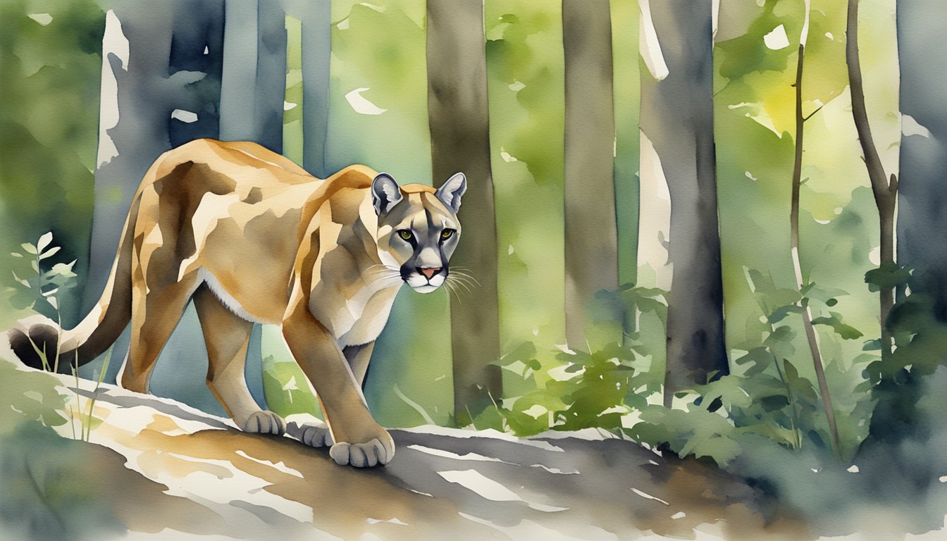 A cougar prowls through dense forest, its sleek body blending with the shadows.</p><p>It pauses, ears alert, before silently stalking its prey