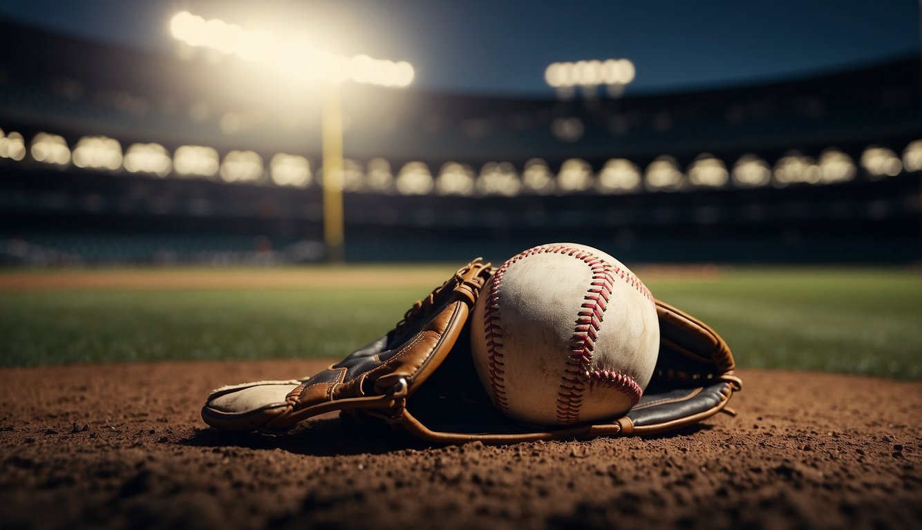 A baseball field with a spotlight shining on various branded items such as bats, gloves, and jerseys