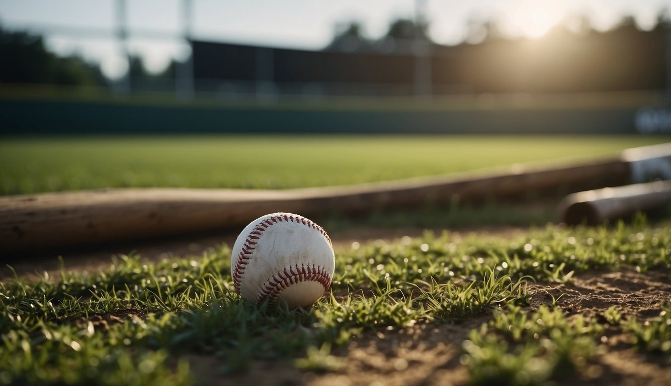 A baseball field with eco-friendly materials and ethically sourced equipment. Brands with sustainable practices visible in the background