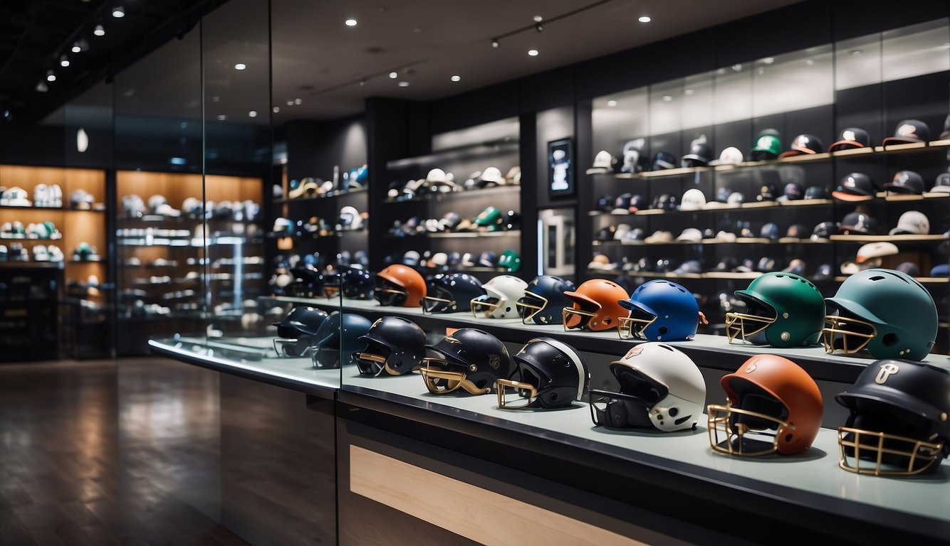 A display of top baseball equipment brands, including bats, gloves, and helmets, showcased in a futuristic, sleek store environment