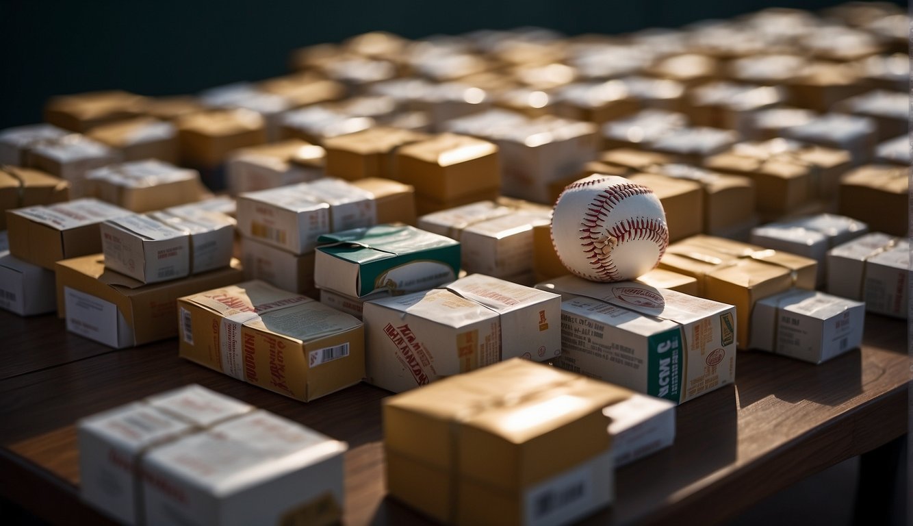 A table covered in various baseball boxes with clean, uncreased surfaces and clear plastic protectors, ready for autographs