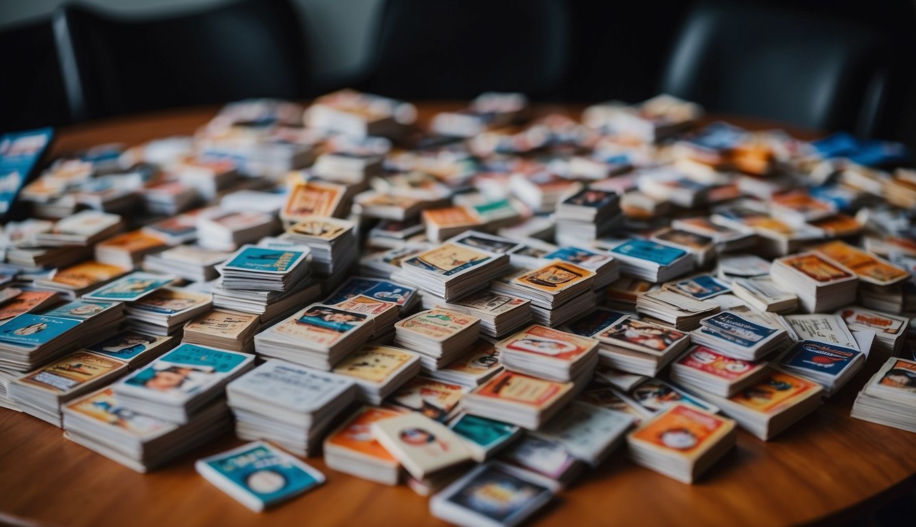 A table covered in open baseball card boxes, with pens and markers scattered around for autographing