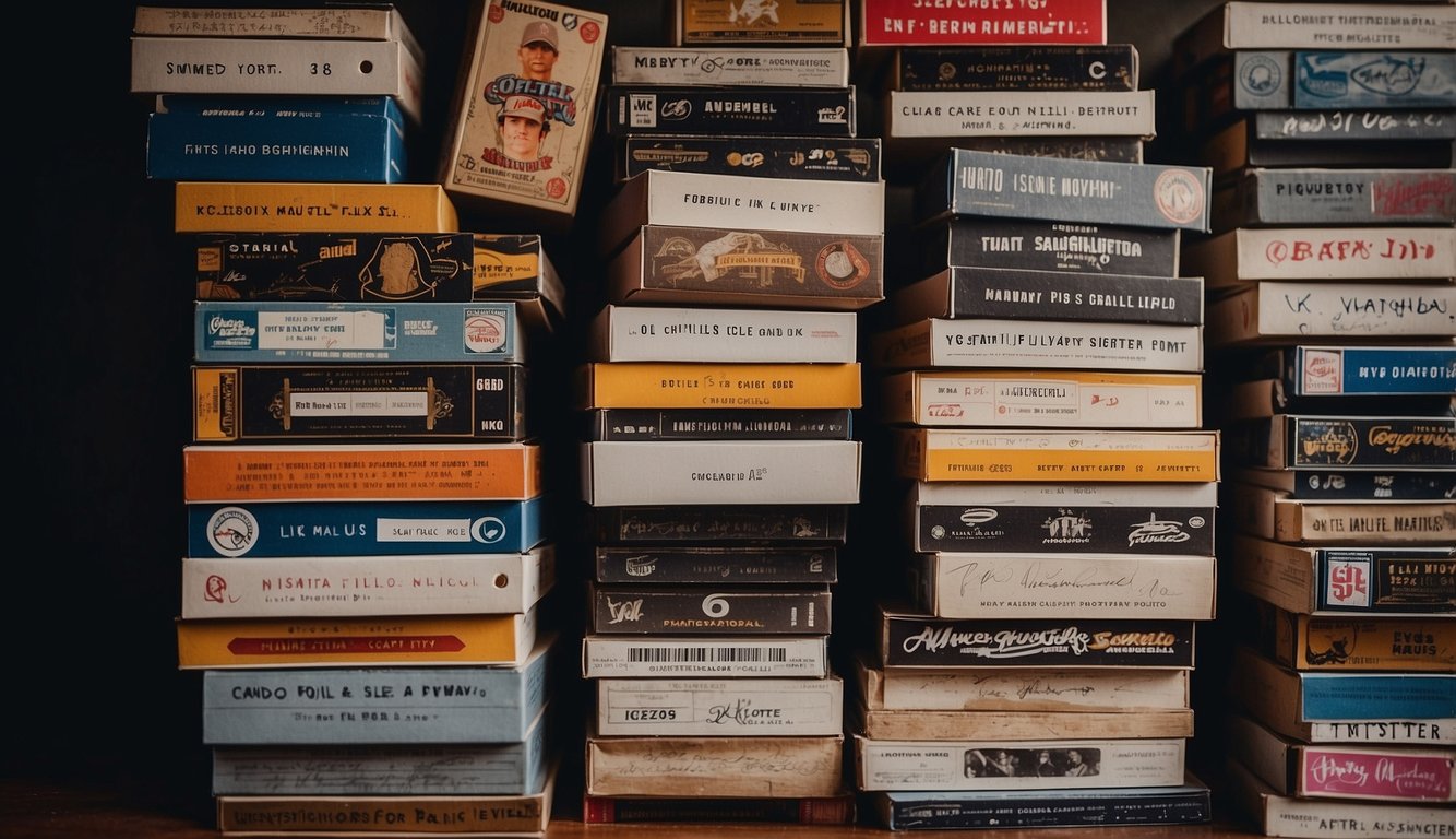 A stack of baseball card boxes arranged, with a focus on the card values and autograph potential