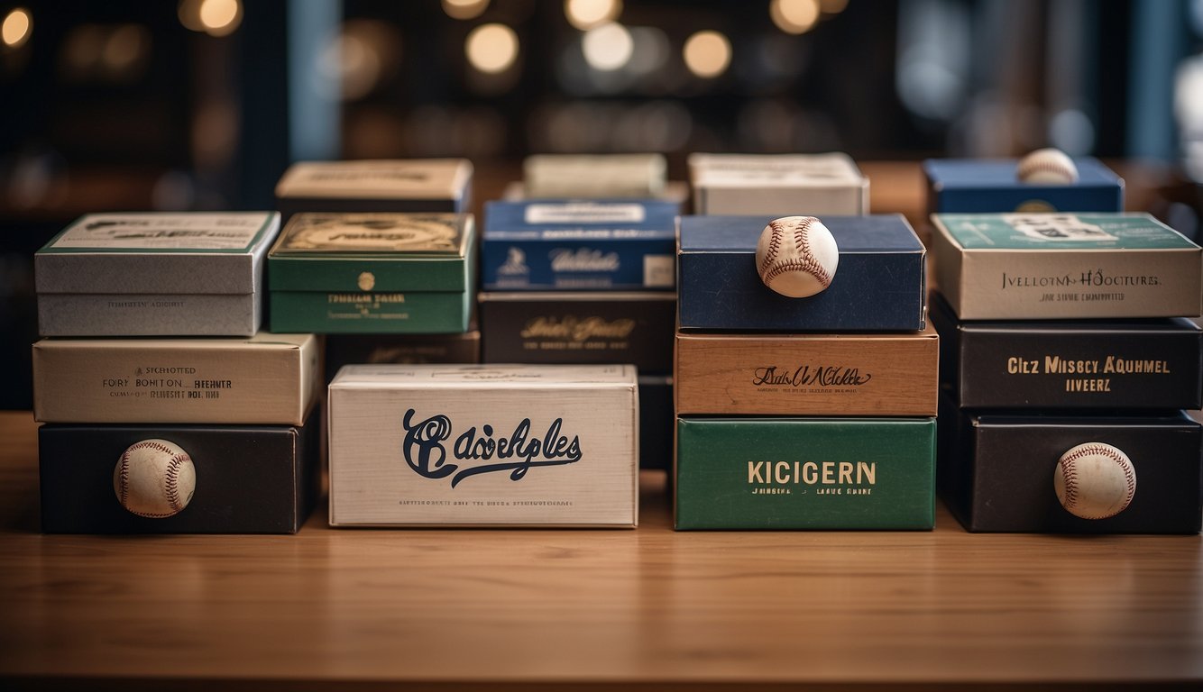 A table displaying various baseball boxes with autograph potential