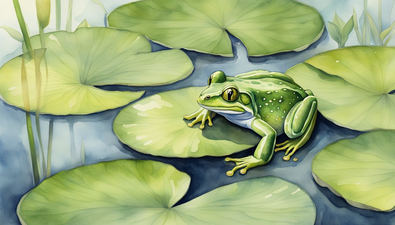 An amphibian sits on a lily pad in a marsh, its skin glistening with moisture.</p><p>Its webbed feet are submerged in the water as it gazes with bulging eyes at its surroundings