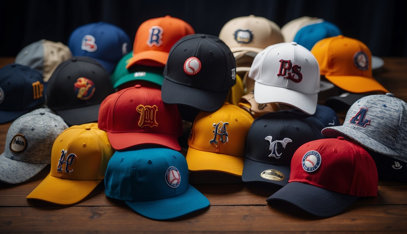 A table with various baseball hats in different materials and fabrics, branded labels visible