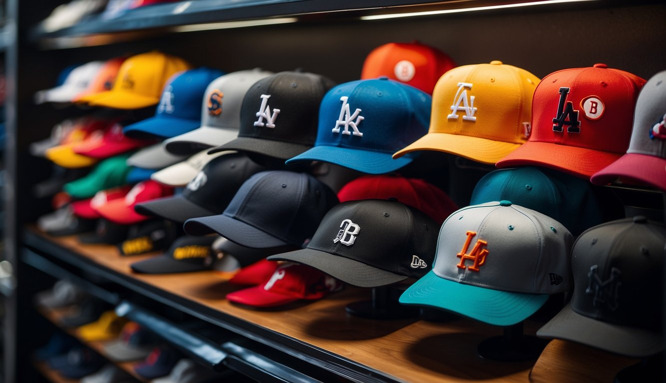 A display of various branded baseball hats arranged on a sleek, modern shelf. Bright lighting highlights the vibrant colors and bold logos, showcasing the latest fashion and style influences in headwear