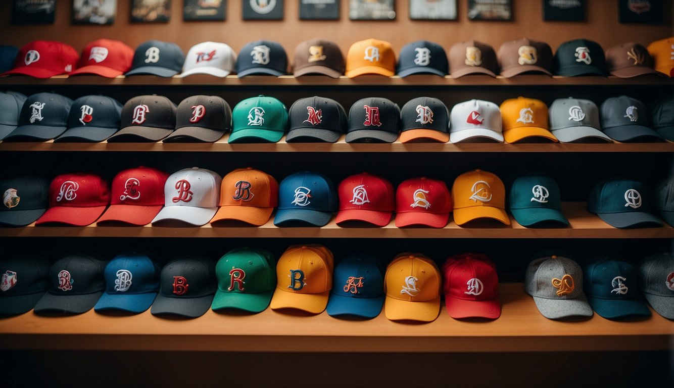 A display of popular brand baseball hats, each with their distinct logos and designs, arranged neatly on a shelf