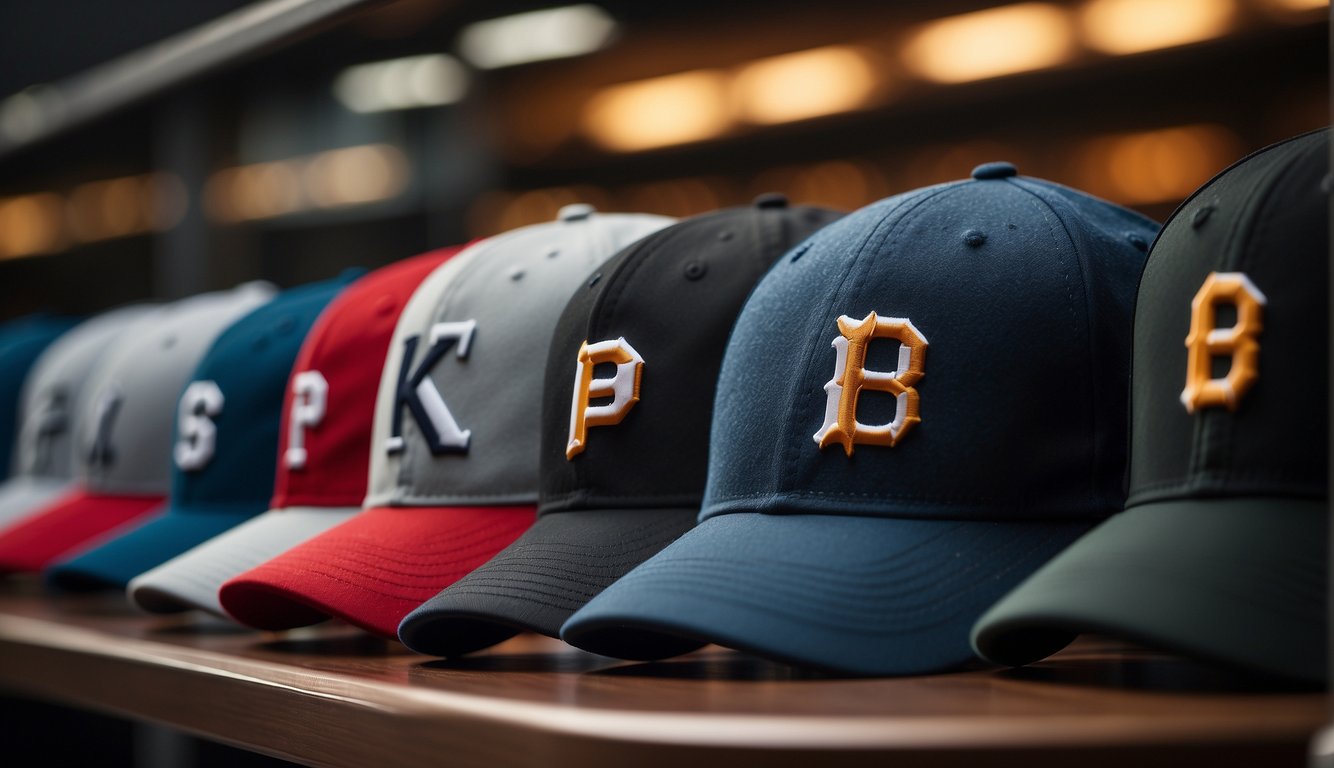 A lineup of baseball hats with cutting-edge features and technologies displayed on a sleek, modern shelf