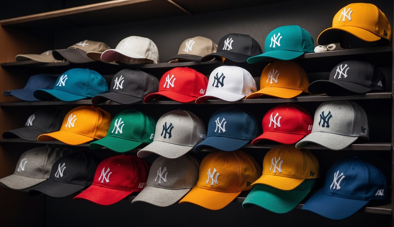 Baseball hats arranged neatly on a shelf, with a soft brush and mild detergent nearby for cleaning