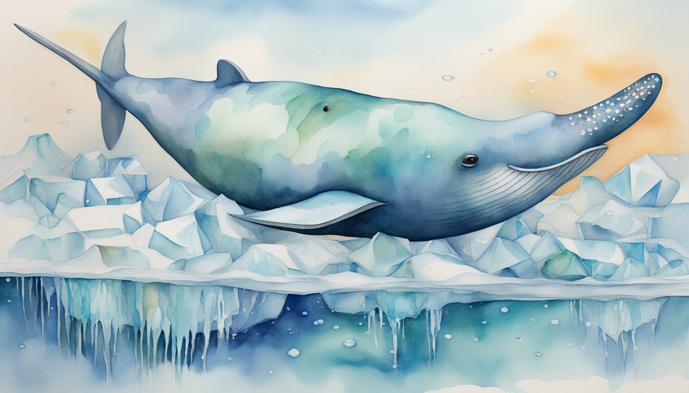 A narwhal swims through icy waters, surrounded by melting ice floes and plastic pollution, highlighting the conservation challenges it faces