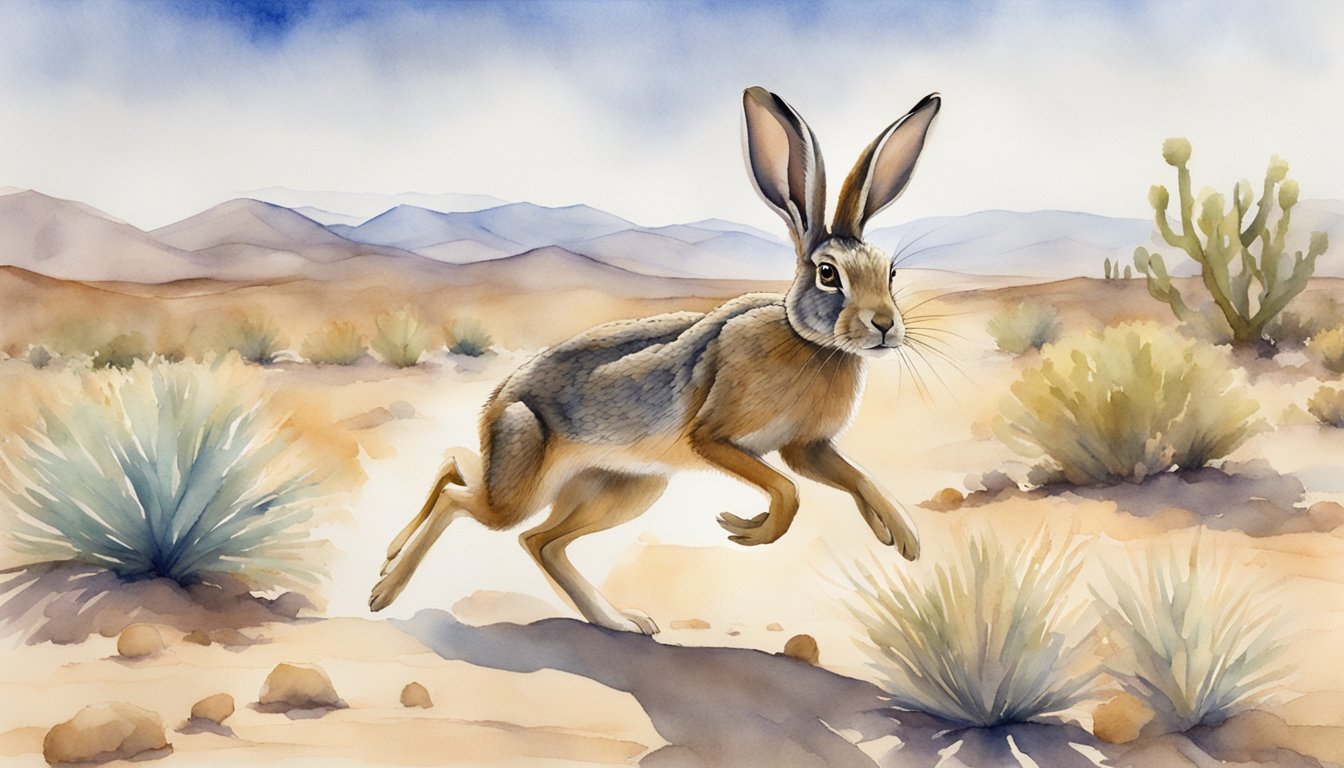 A jackrabbit leaps across a desert landscape, its long ears and powerful hind legs in full view