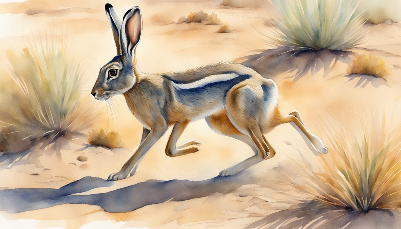 A jackrabbit dashes across the open desert, its long ears pointed forward and powerful hind legs propelling it forward with incredible speed