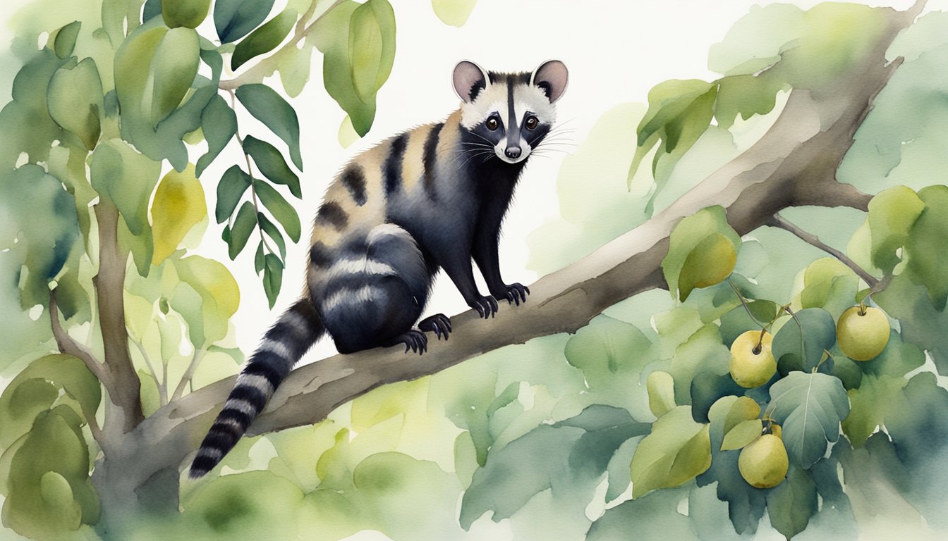 A civet perches on a tree branch, surrounded by lush greenery.</p><p>It consumes coffee cherries, with the remains scattered on the forest floor