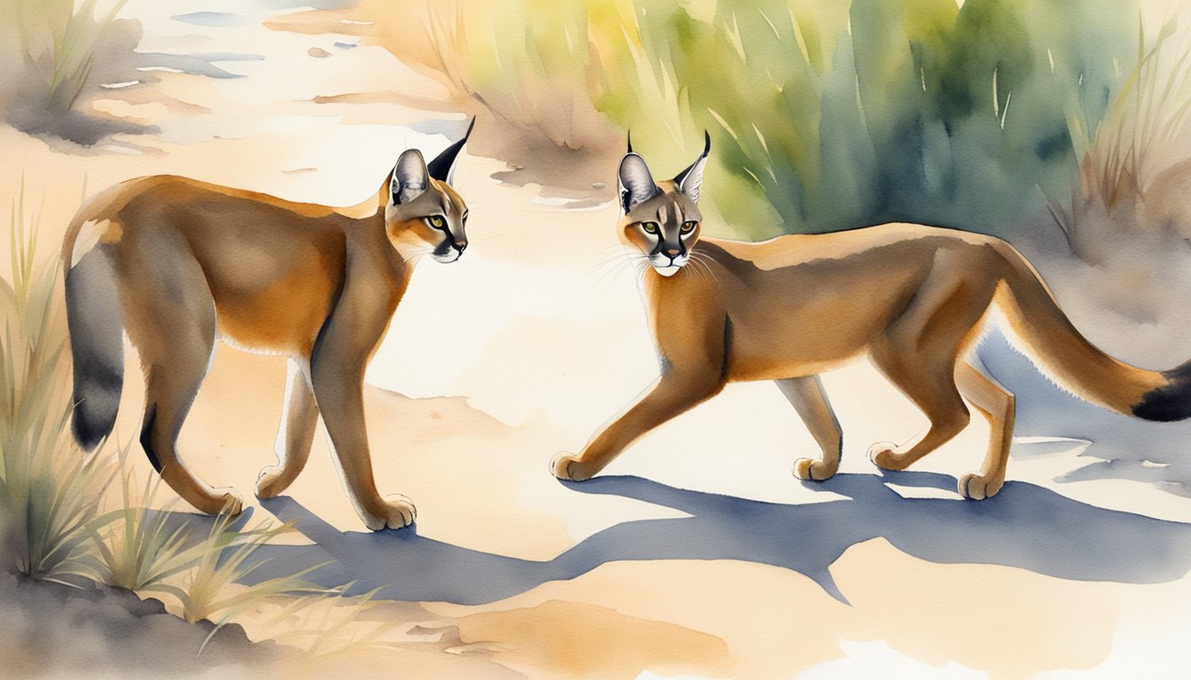 A caracal approaches a human, showing curiosity and caution