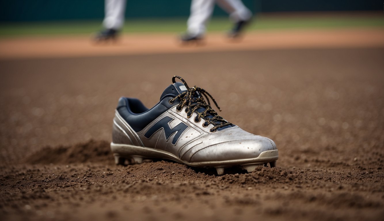 A metal baseball cleat digs into the dirt, providing traction but also causing potential injury to players and damage to the field