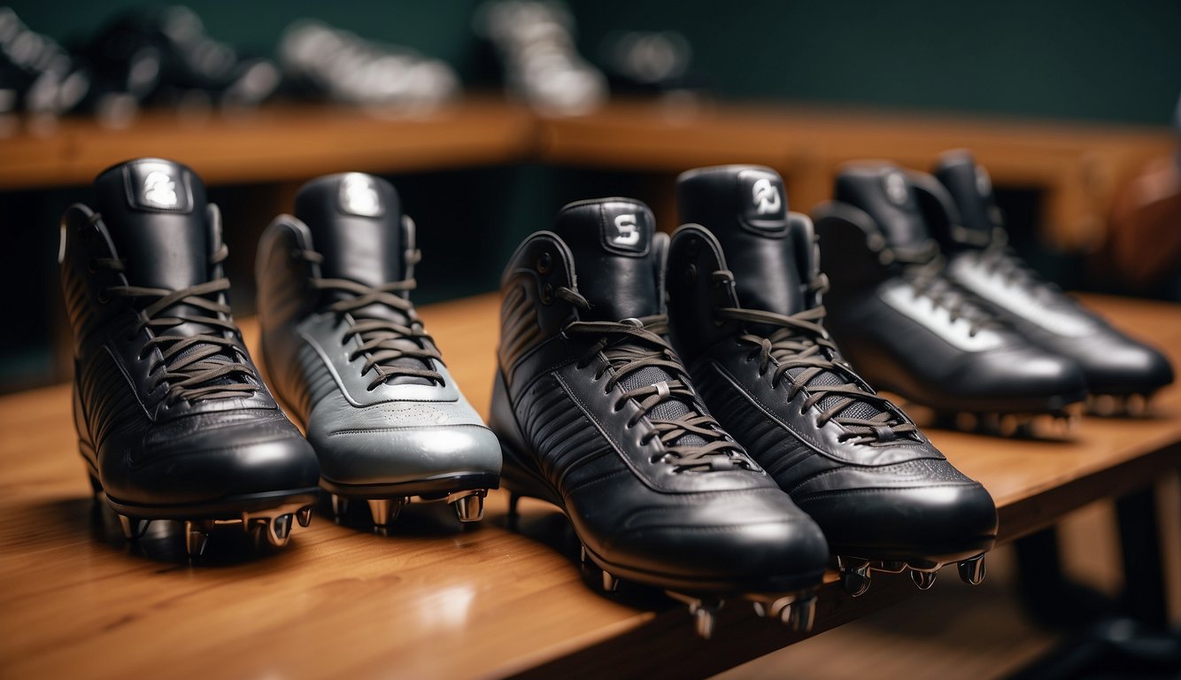 Metal baseball cleats lined up on a table, contrasting with rubber cleats. Pros and cons listed on a chart beside them