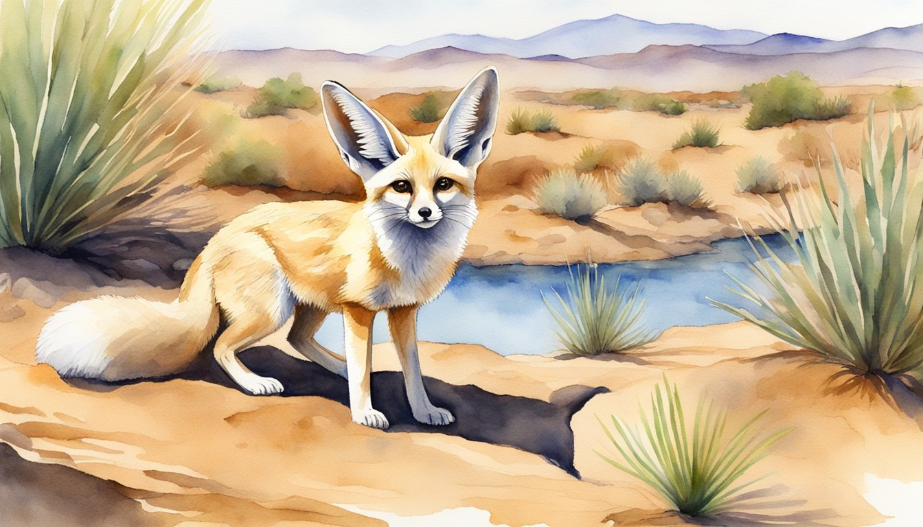 The fennec fox cautiously approaches a water hole, its large ears perked up as it listens for any potential danger.</p><p>Nearby, a group of desert plants provide shelter and food for the small, elusive animal