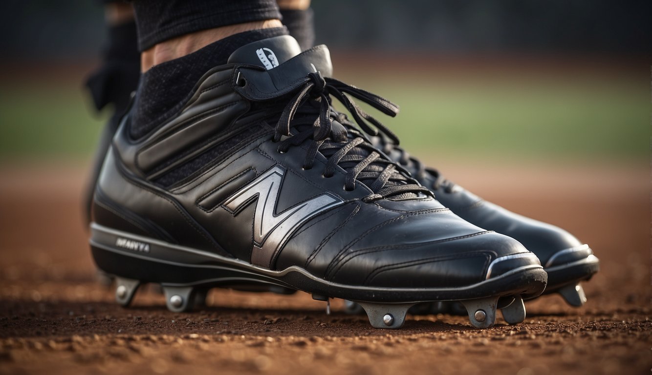 Metal baseball cleats: Pros - durability, traction. Cons - heavier, potential injury risk. Illustrate a player wearing metal cleats on the field, showcasing the grip and sturdiness against the ground