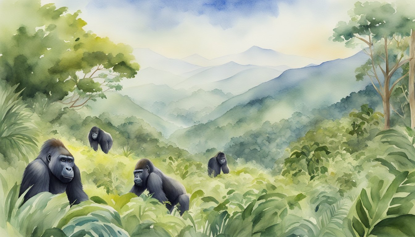 Lush green mountain habitat with gorillas foraging and playing, surrounded by conservation efforts and researchers observing from a distance