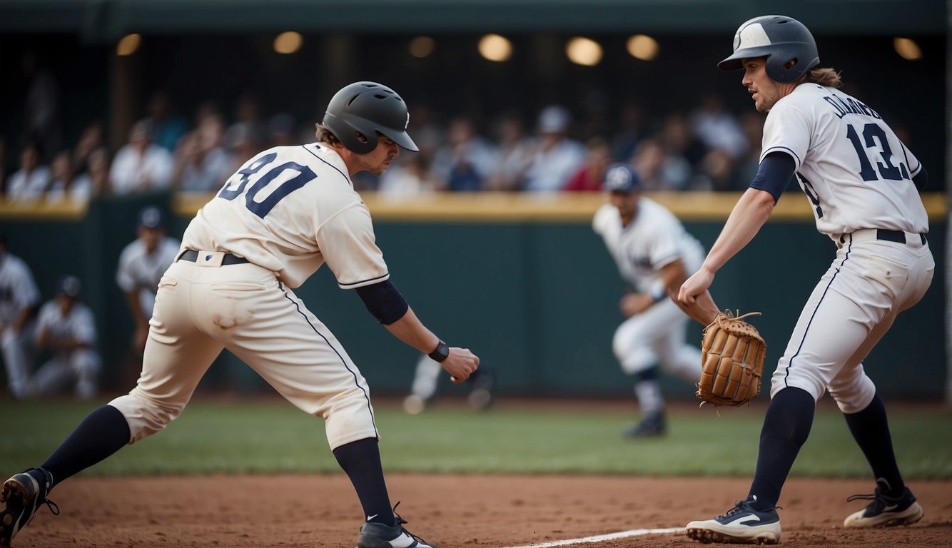 Players fielding and hitting in a baseball game. Pros: teamwork, physical activity. Cons: risk of injury, time commitment