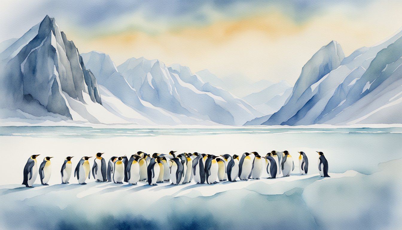 A vast icy landscape with a group of emperor penguins huddling together, surrounded by snow-capped mountains and a frozen ocean