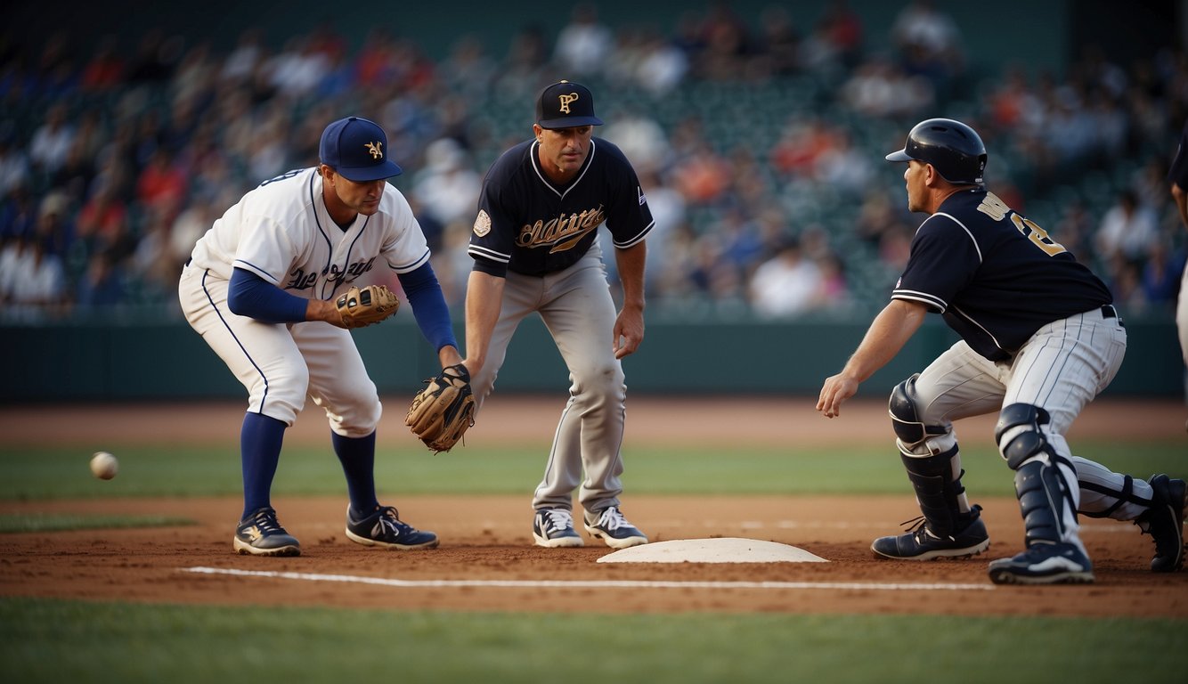 A baseball field with players facing challenges and issues, such as injuries and rule controversies, while also enjoying the advantages of teamwork and competition