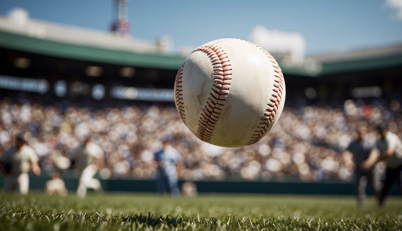 A baseball flying through the air towards a field of green grass and a clear blue sky, with a crowd of cheering fans in the background