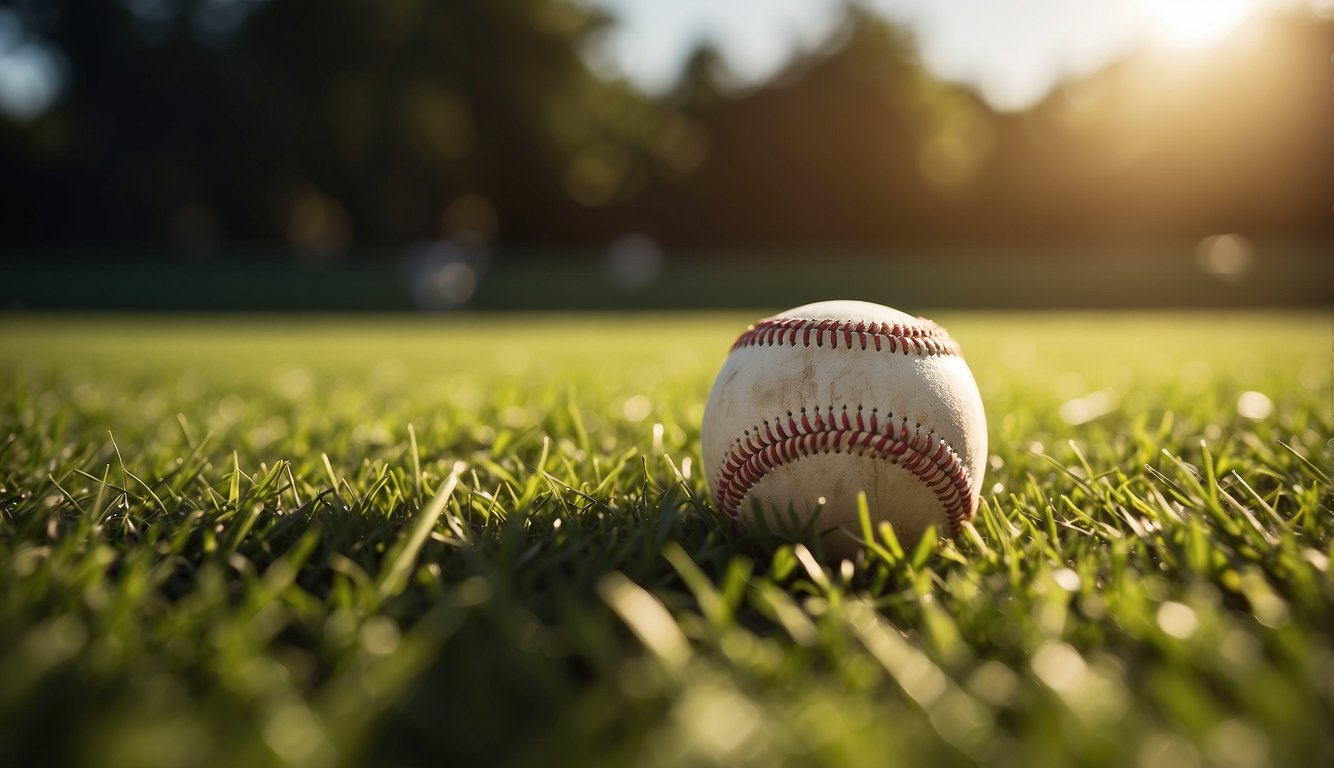 A baseball resting on a field of green grass, with the sun shining down and casting a shadow, showcasing the texture and stitching of the ball