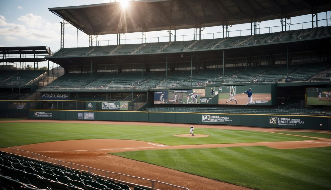 A baseball field with various banner sizes displayed along the outfield fence, each showcasing custom designs and team logos