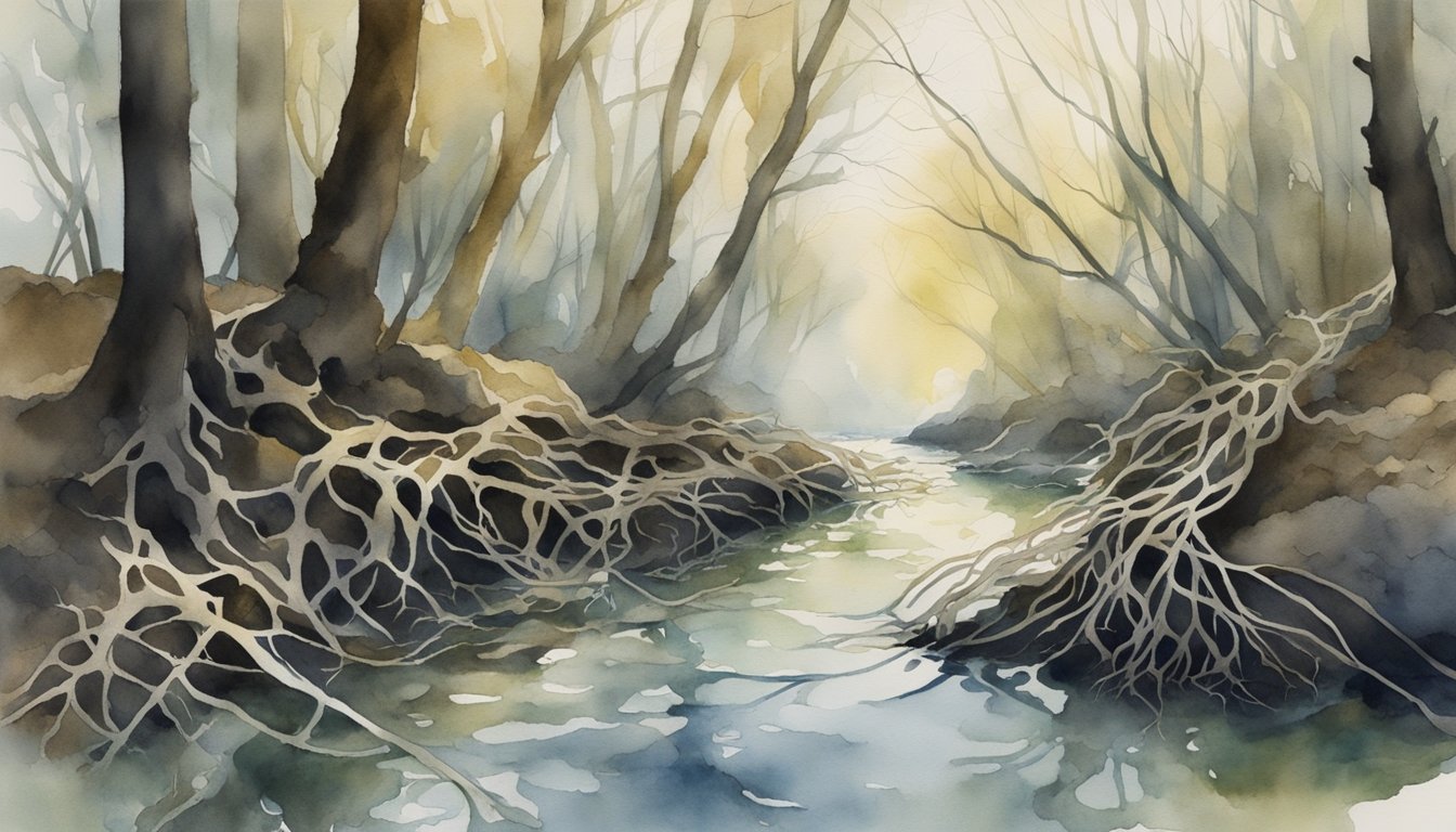 A murky riverbed with tangled roots and debris, where eels hide among the shadows and dart through the water