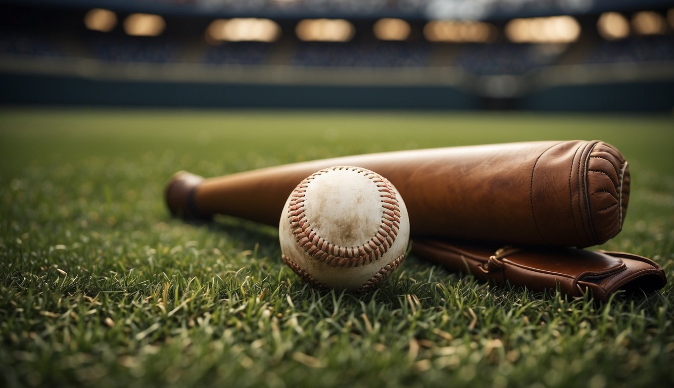 A baseball bat, glove, and ball on a grass field with a banner in the background showcasing different finishing options for baseball gear