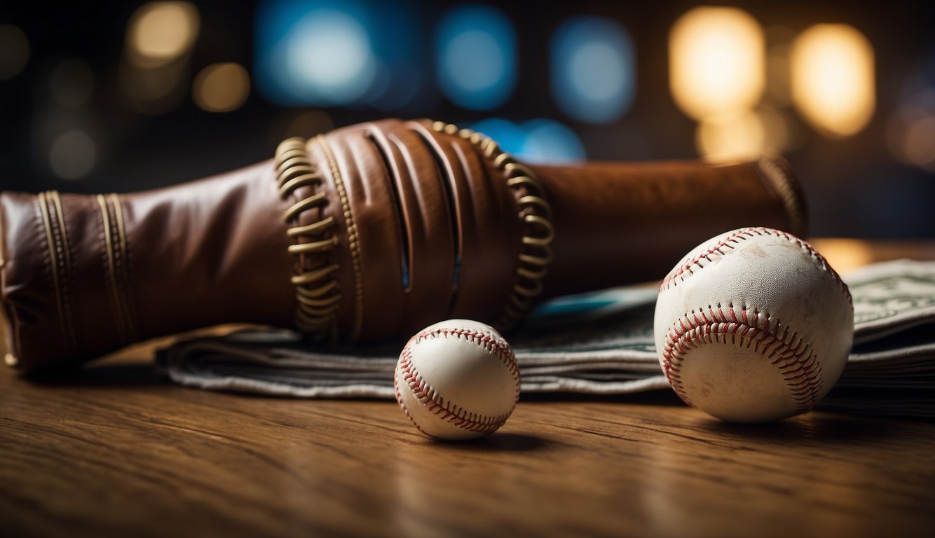 A baseball banner with order and payment details: a baseball bat, ball, and glove alongside a credit card and order form