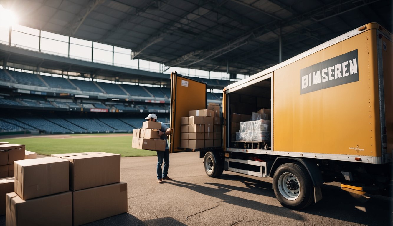 A delivery truck unloading baseball equipment at a stadium entrance, with packages and crates stacked nearby