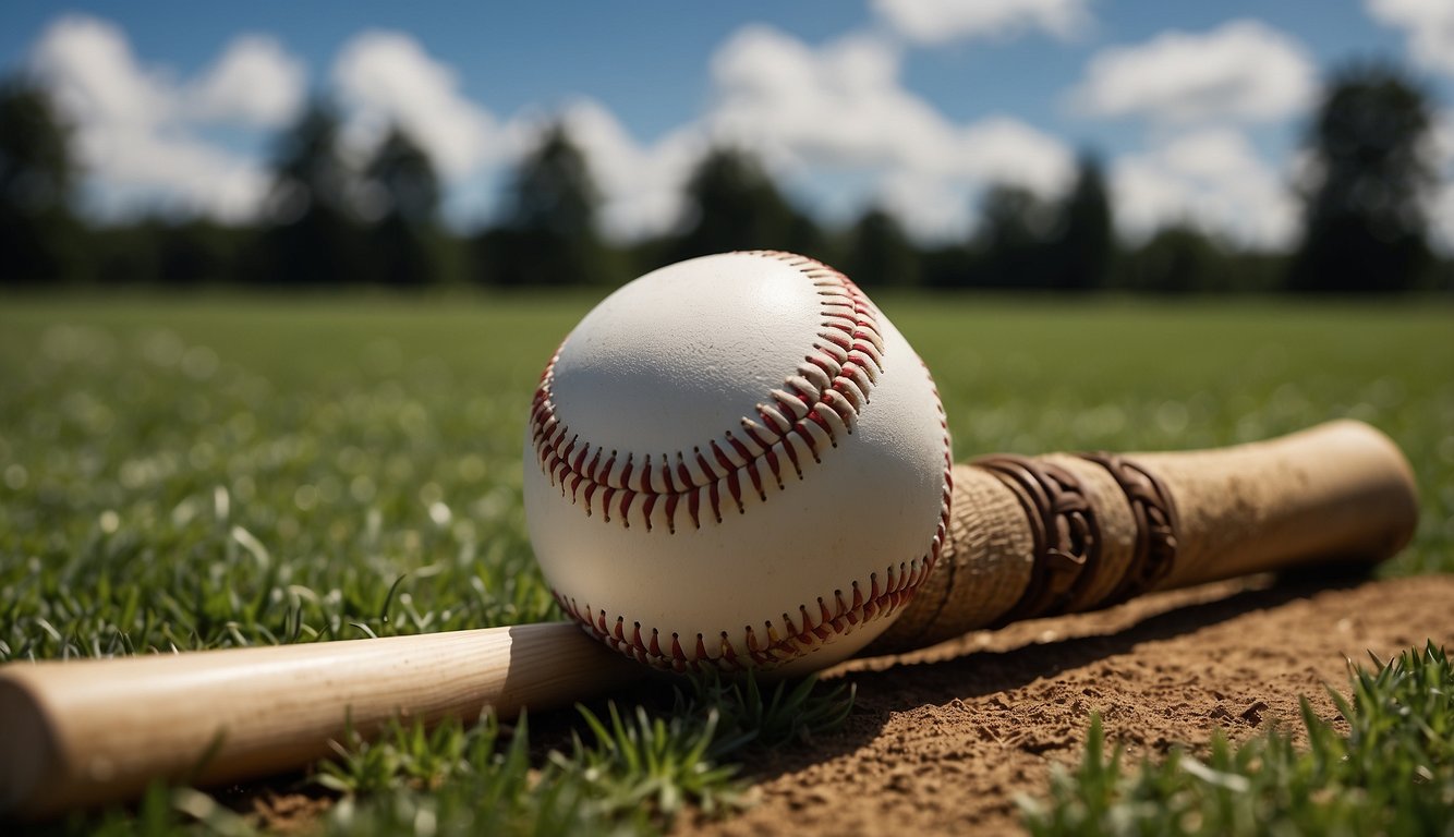 A baseball bat, glove, and ball arranged on a green field with a blue sky and white clouds in the background