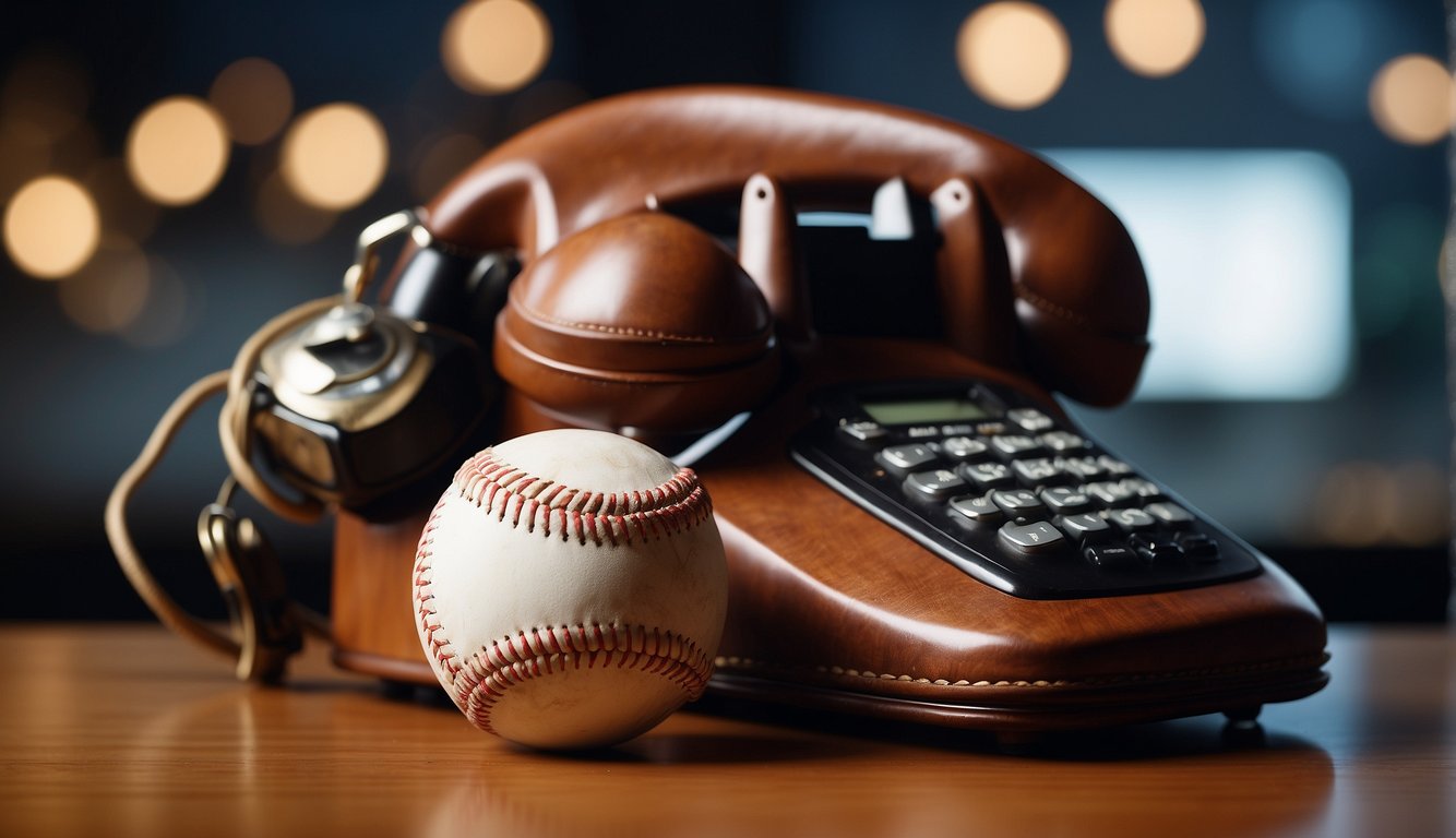 A baseball glove holding a customer service phone with a thought bubble of a baseball bat and ball