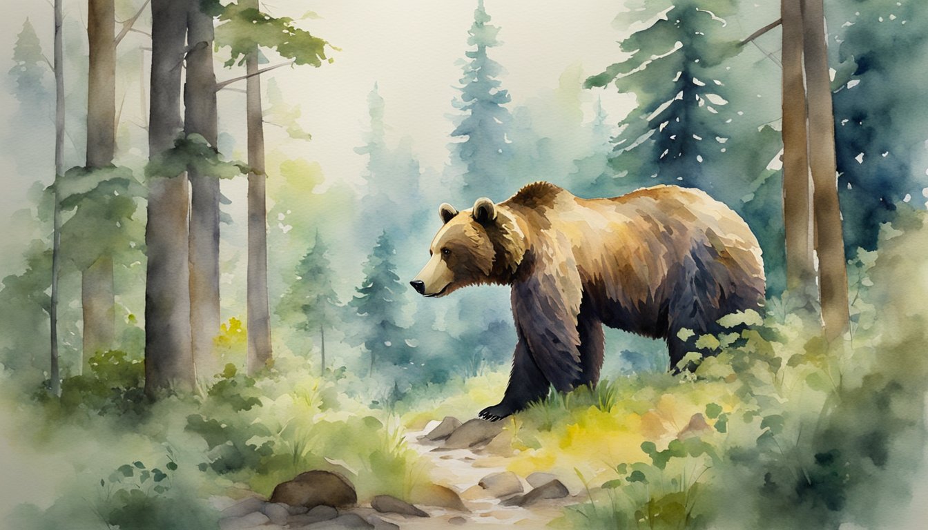 A grizzly bear forages for food in a lush forest, while another bear stands on its hind legs, surveying the surrounding area