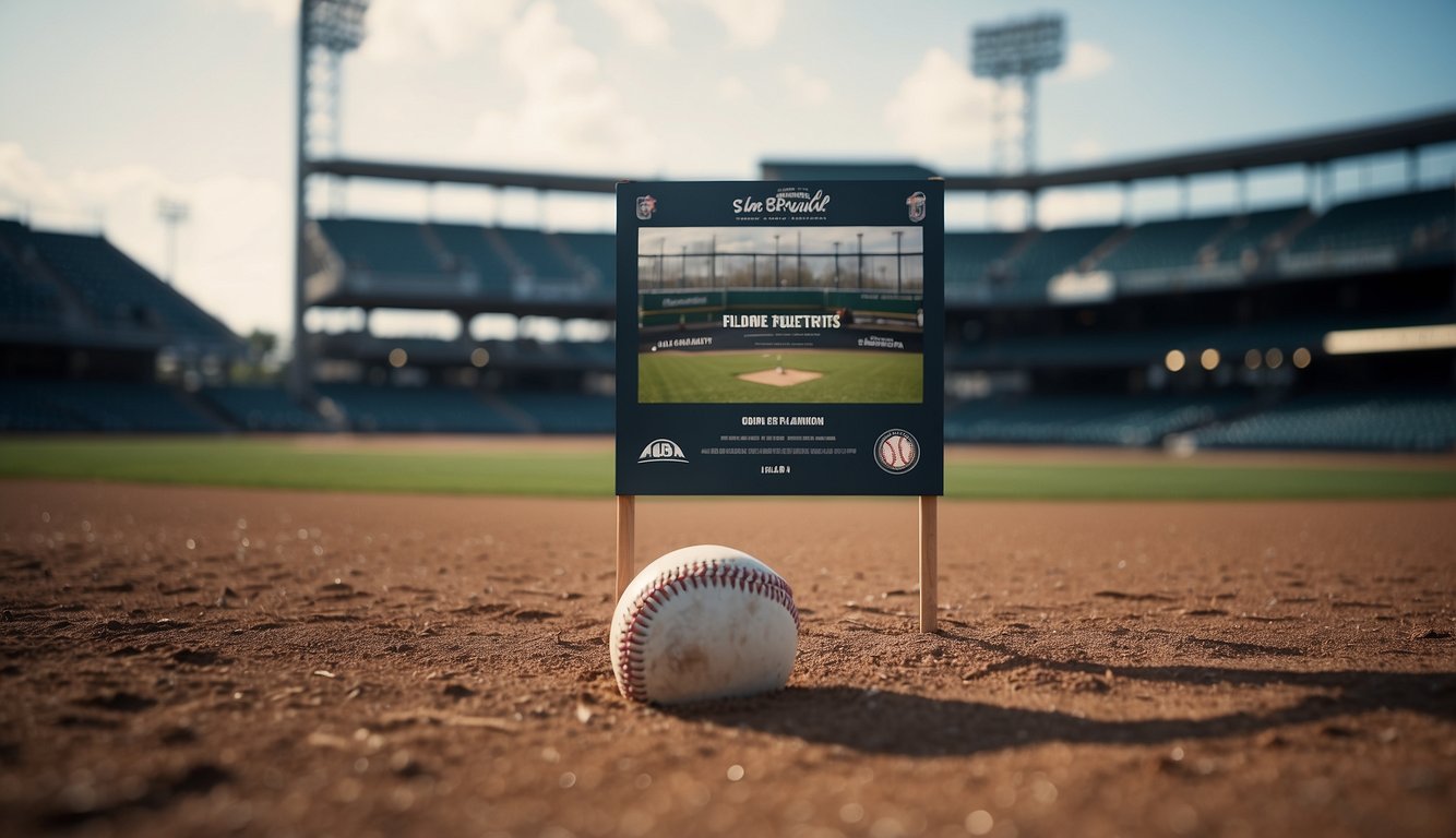 A baseball field with a professional banner displayed in the outfield, showcasing vibrant colors and bold text