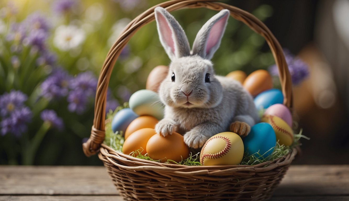 A colorful Easter basket filled with baseball gloves, balls, bats, and caps. An Easter bunny holds a baseball in its paw