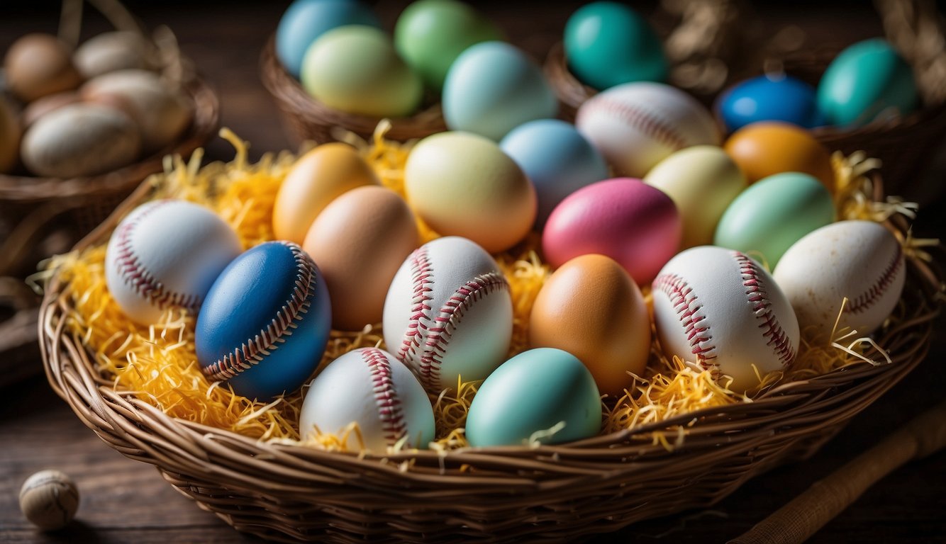 A vibrant Easter basket filled with baseball-themed goodies, including mini bats, baseball-shaped chocolates, and a baseball glove nestled among colorful eggs